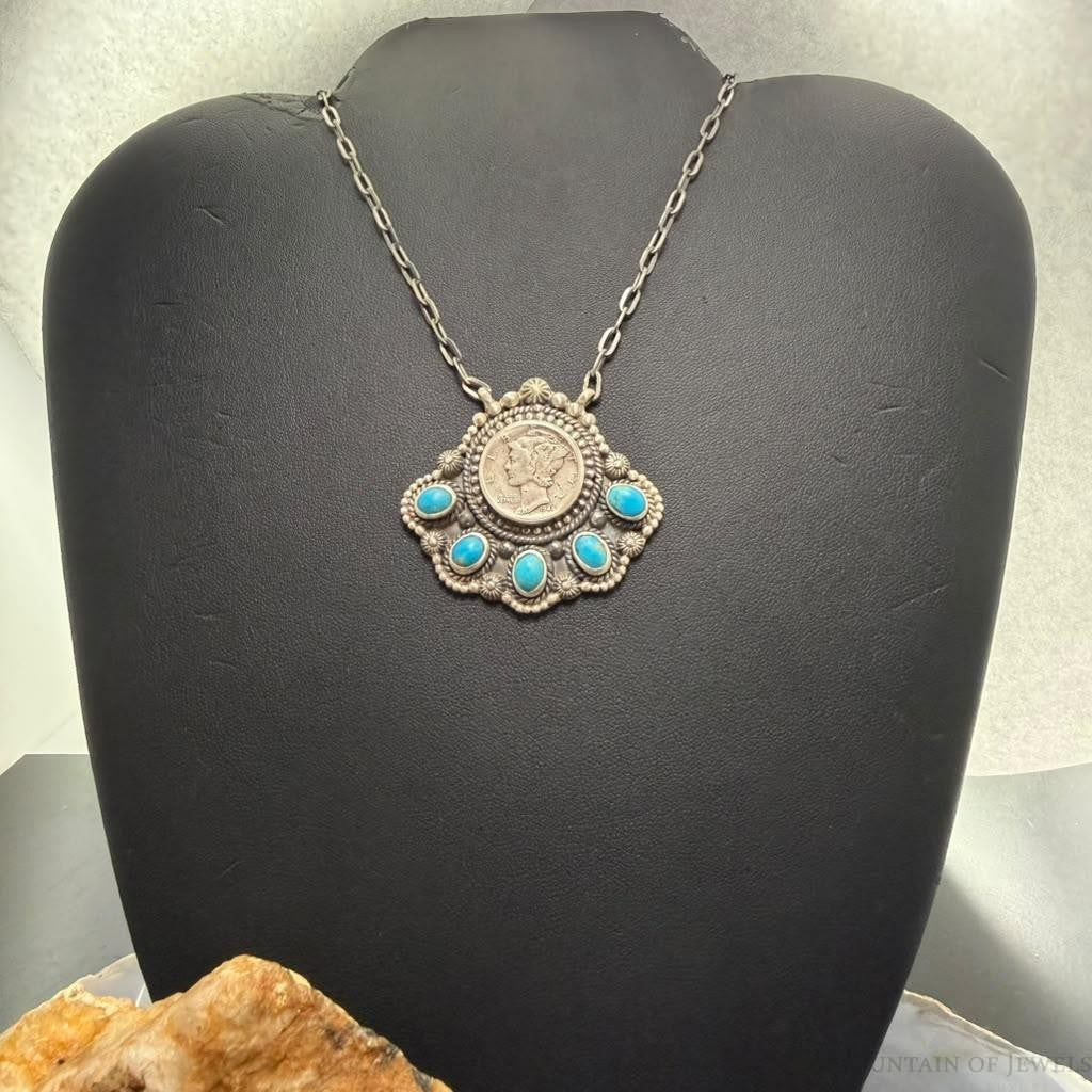 Sterling Silver Southwestern Style 1944 Mercury Dime & Kingman Turquoise Necklace For Women