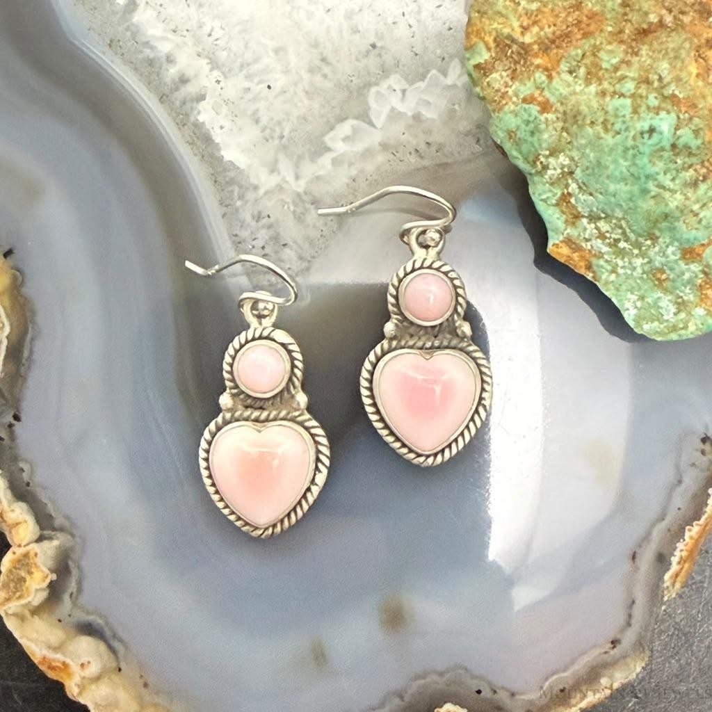 Sterling Silver Southwestern Style Heart Pink Conch Dangle Earrings For Women