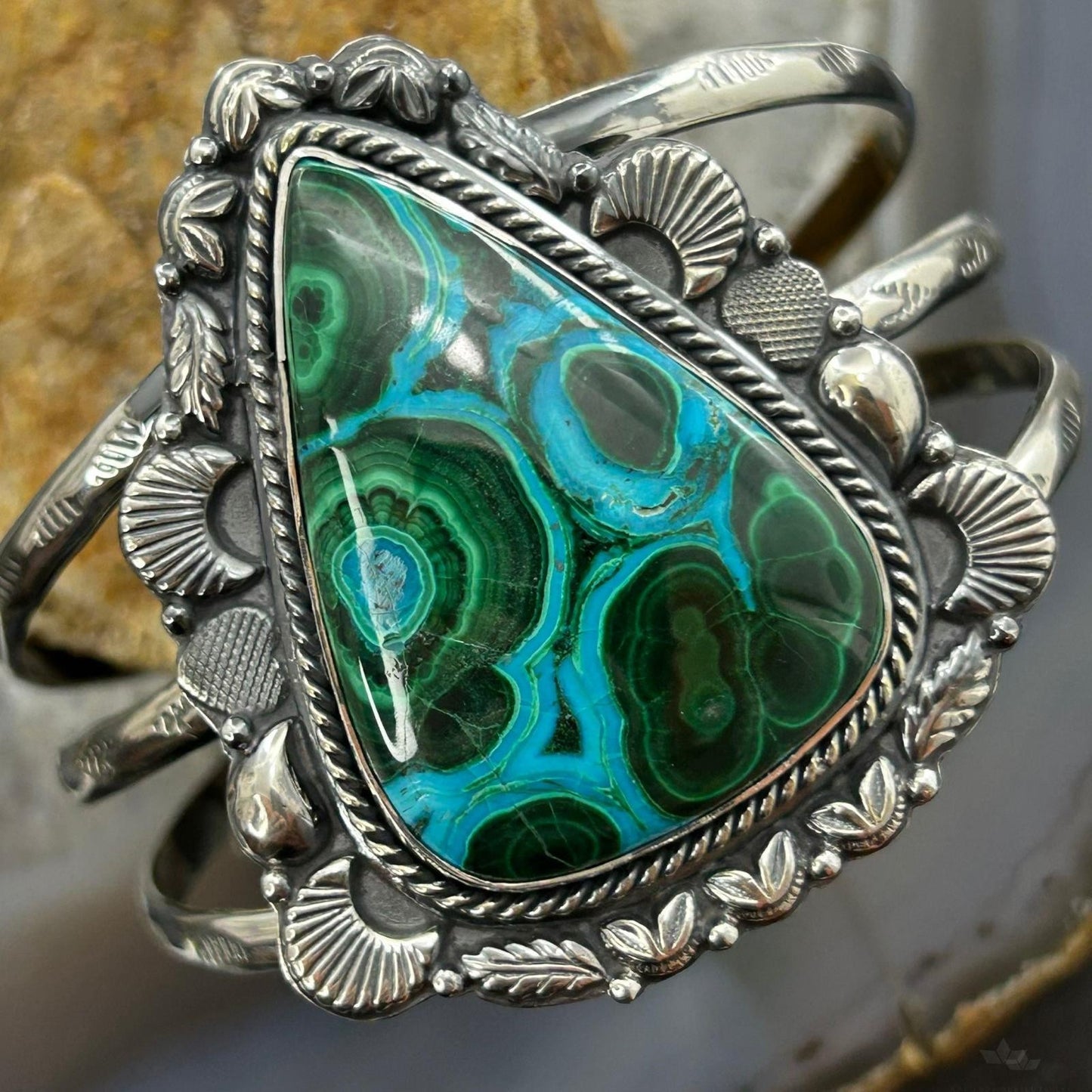 Sterling Silver Southwestern Style Teardrop Malachite Azurite Bracelet For Women