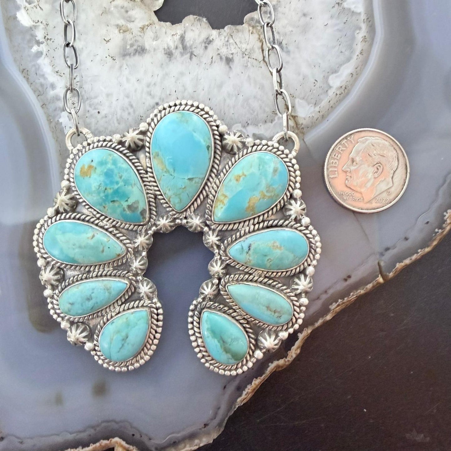 Sterling Silver Southwestern Style Teardrop Graduated Turquoise Naja Necklace For Women