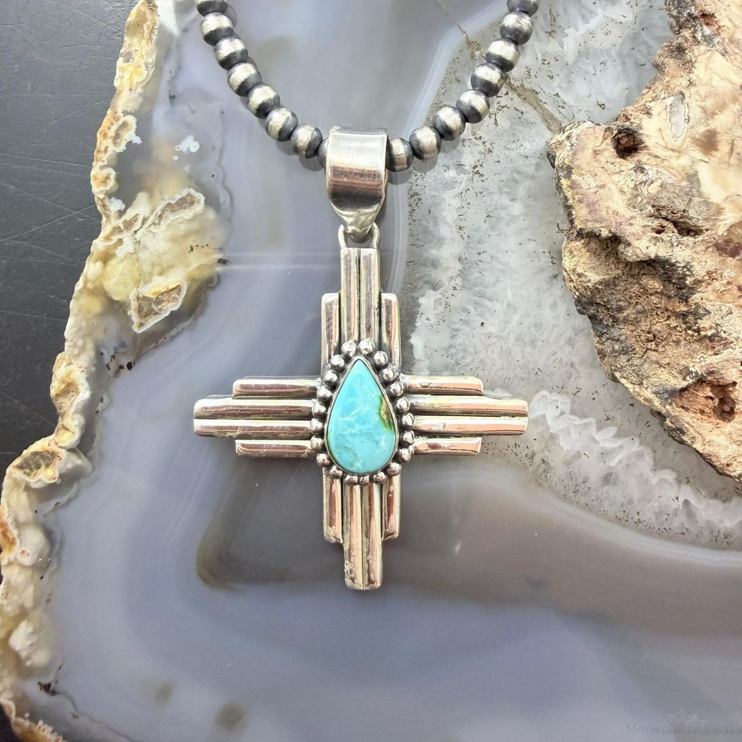 Sterling Silver Southwestern Style Teardrop Turquoise Unisex Zia Pendant