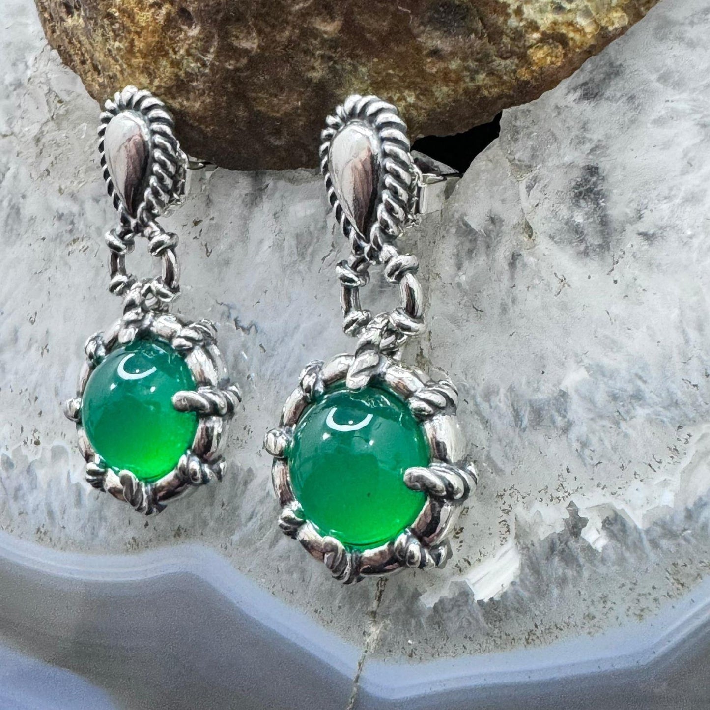 Carolyn Pollack Sterling Silver Round Jade Decorated Dangle Earrings For Women