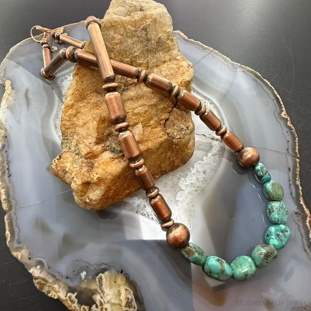 Southwestern Style 4.5-6mm Copper Navajo Pearl,Cylinder&Turquoise Beads Necklace