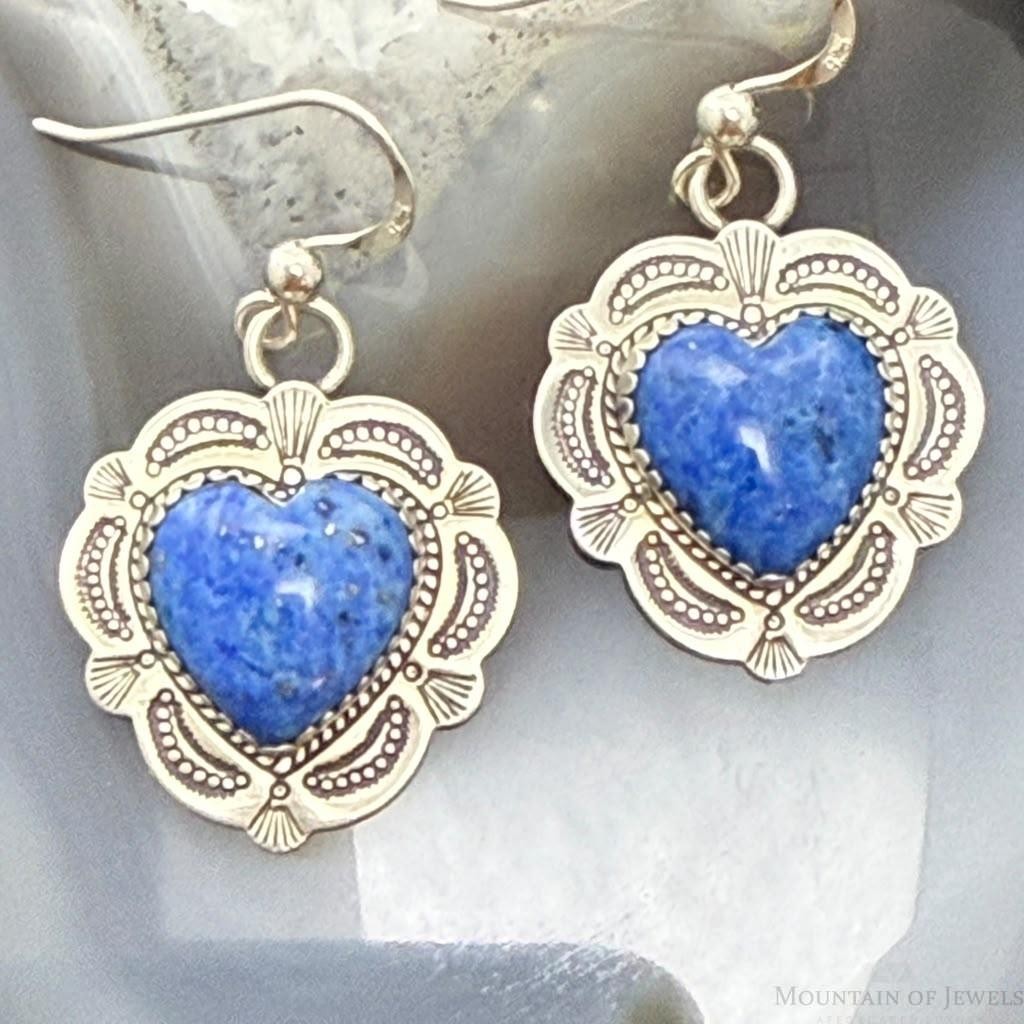 Vintage Signed Sterling Silver Denim Lapis Heart Dangle Earrings For Women