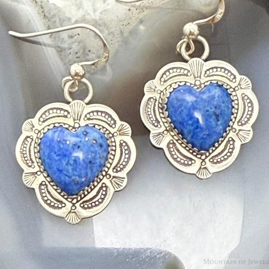 Vintage Signed Sterling Silver Denim Lapis Heart Dangle Earrings For Women