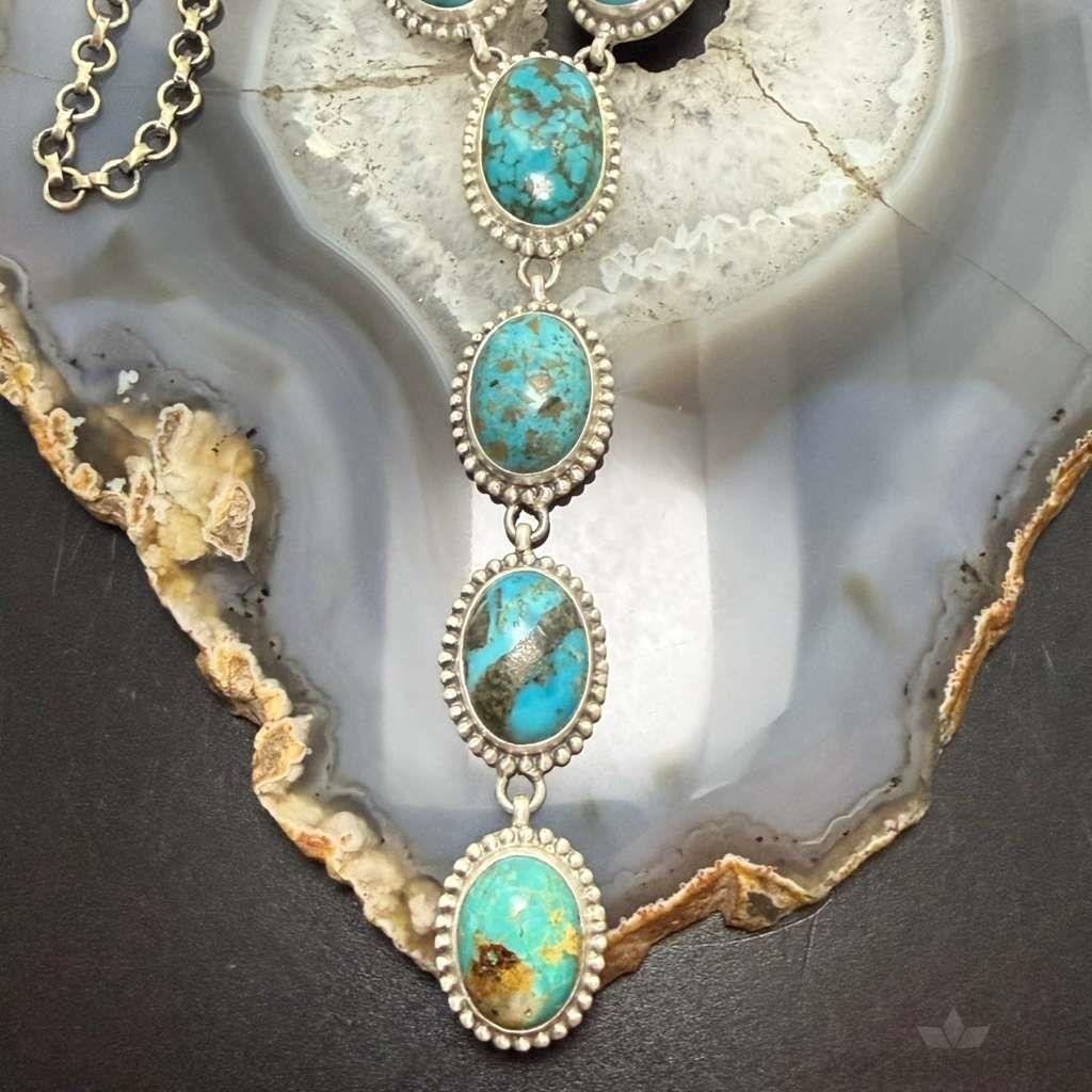 Sterling Silver Southwestern Style Oval Kingman Turquoise Lariat 28" Necklace For Women