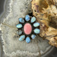 Sterling Silver Southwestern Style Pink Conch & Turquoise Adjustable Cluster Ring For Women