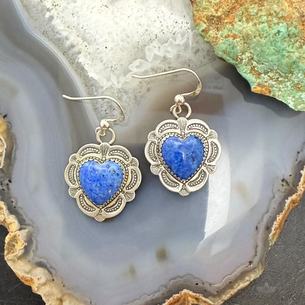 Vintage Signed Sterling Silver Denim Lapis Heart Dangle Earrings For Women