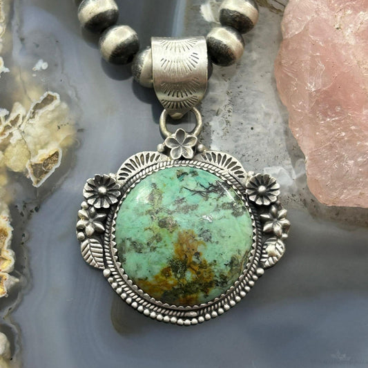 Sterling Silver Southwestern Style Round Turquoise Decorated Pendant For Women