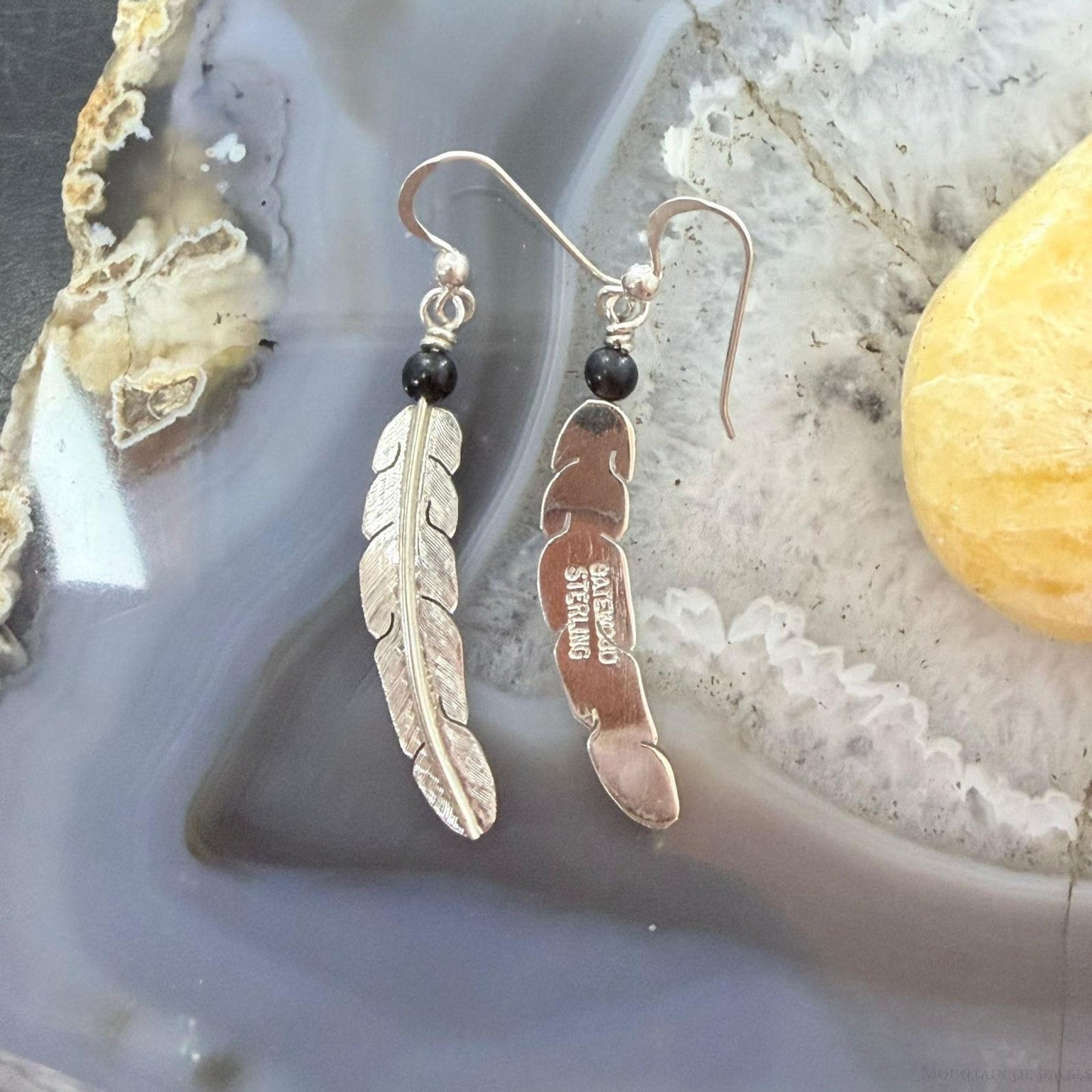 Anthony Gatewood Sterling Silver & Onyx Bead Feather Dangle Earrings For Women