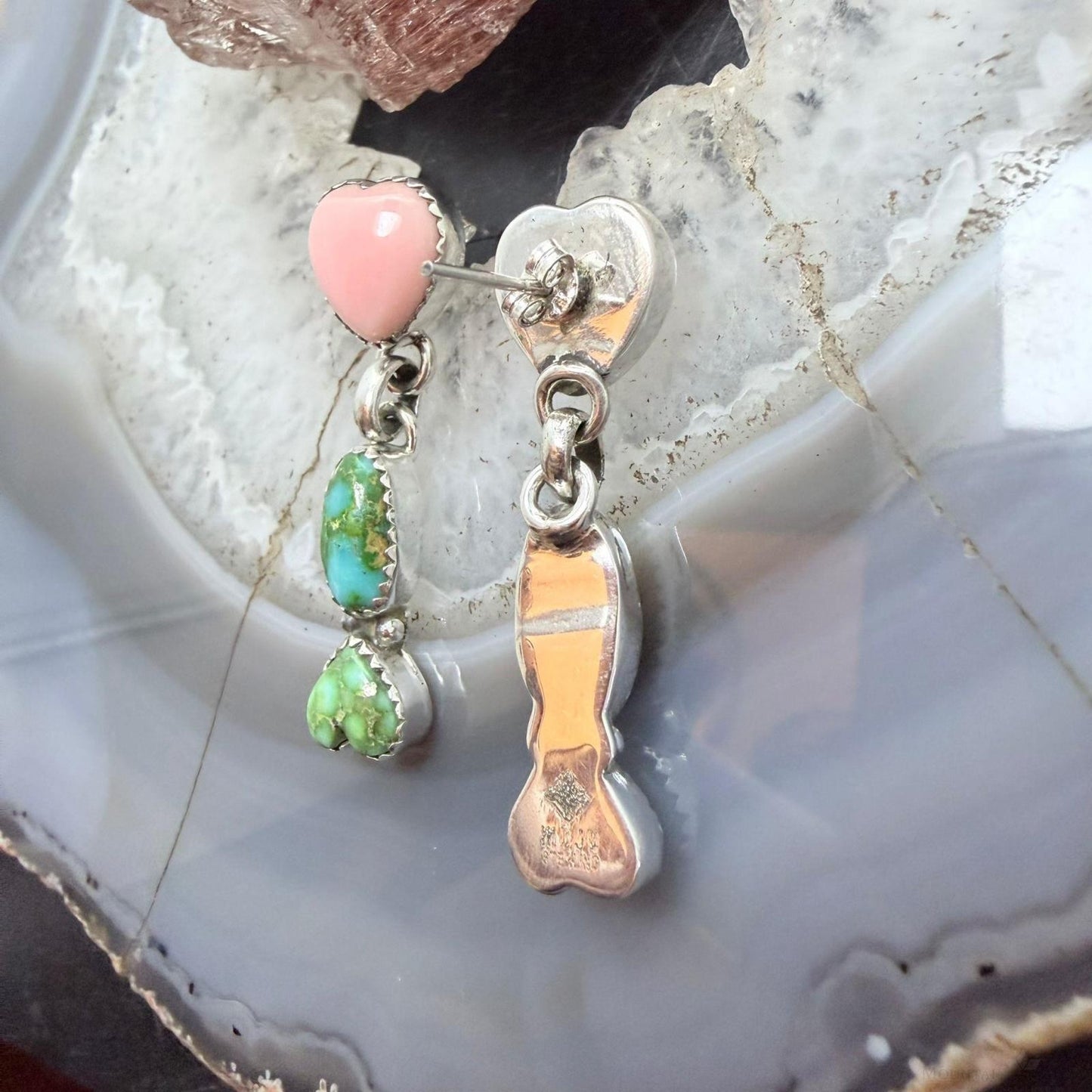 Sterling Silver Southwestern Style Sonora Gold Turquoise & Pink Conch Dangle Earrings For Women