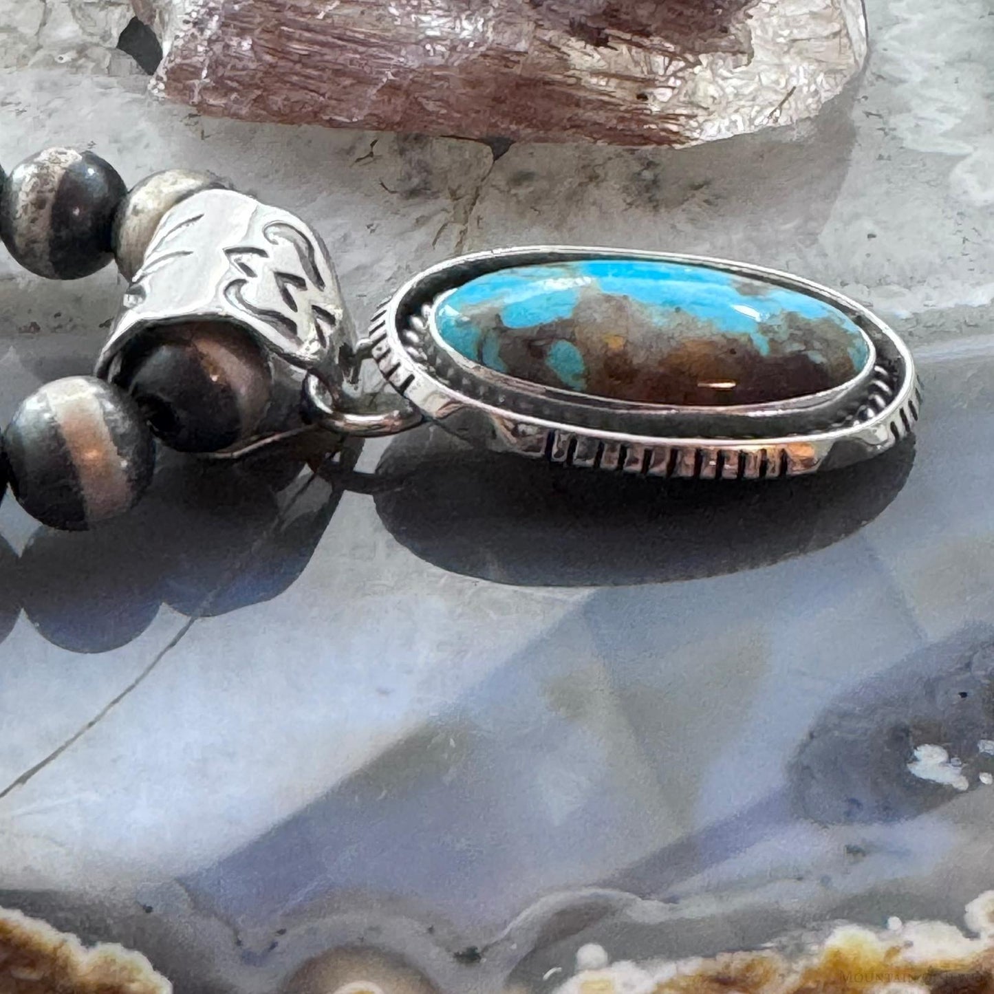 Native American Sterling Silver Elongated Oval Turquoise Unisex Pendant #2