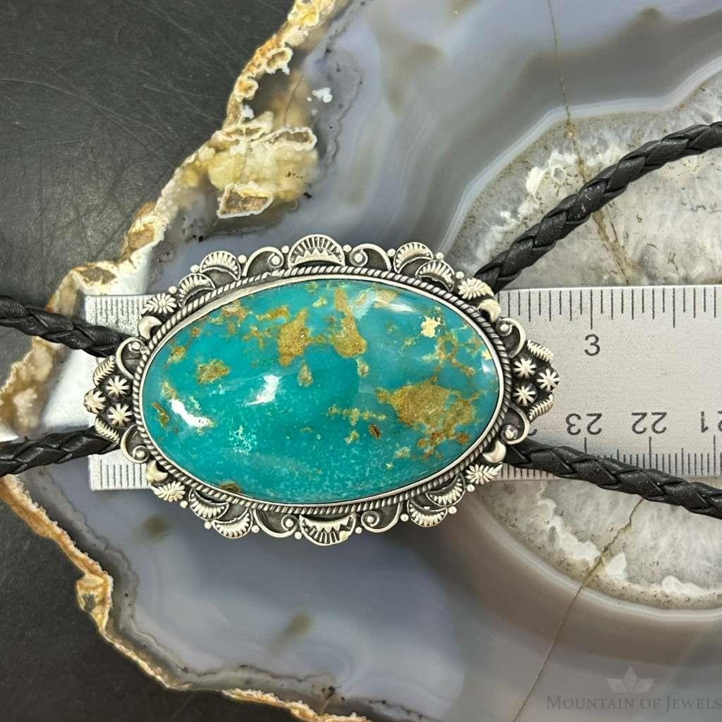Sterling Silver Southwestern Style Large Oval Turquoise Decorated Bolo Tie For Men