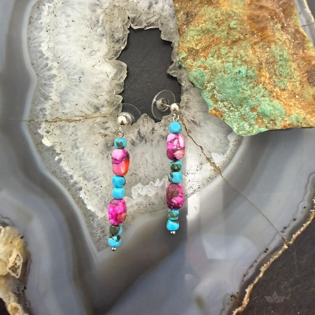 Sterling Silver Turquoise & Pink Dahlia Beads Long Dangle Earrings For Women
