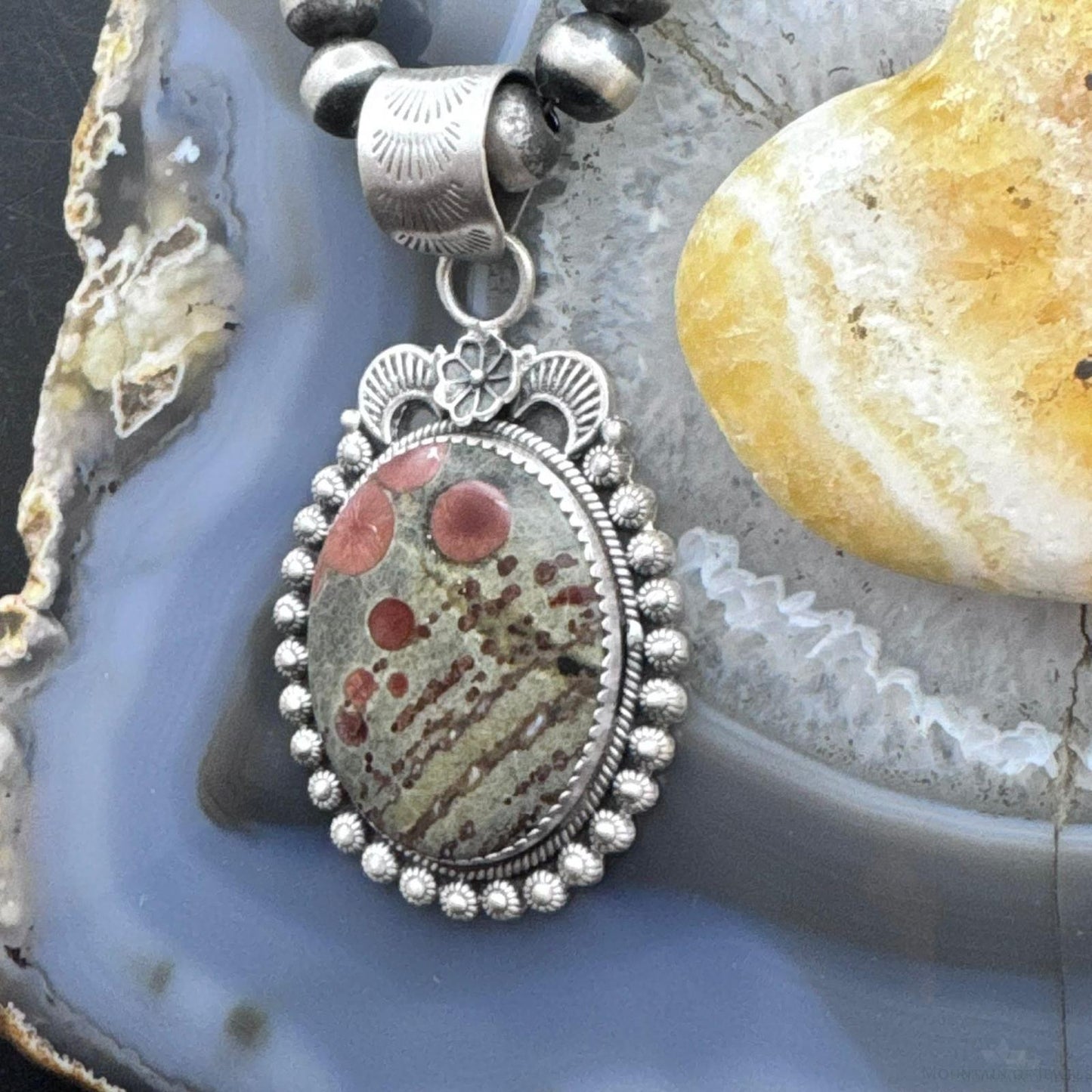 Sterling Silver Southwestern Style Oval Peanut Obsidian Decorated Pendant For Women