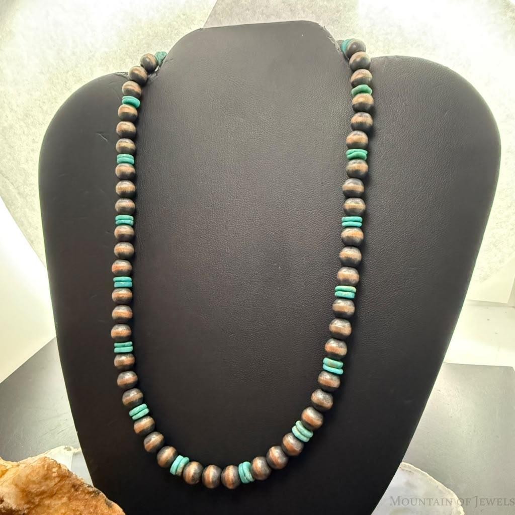 Southwestern Style Copper 8mm Navajo Pearl Beades &Turquoise Disk Necklace For Women