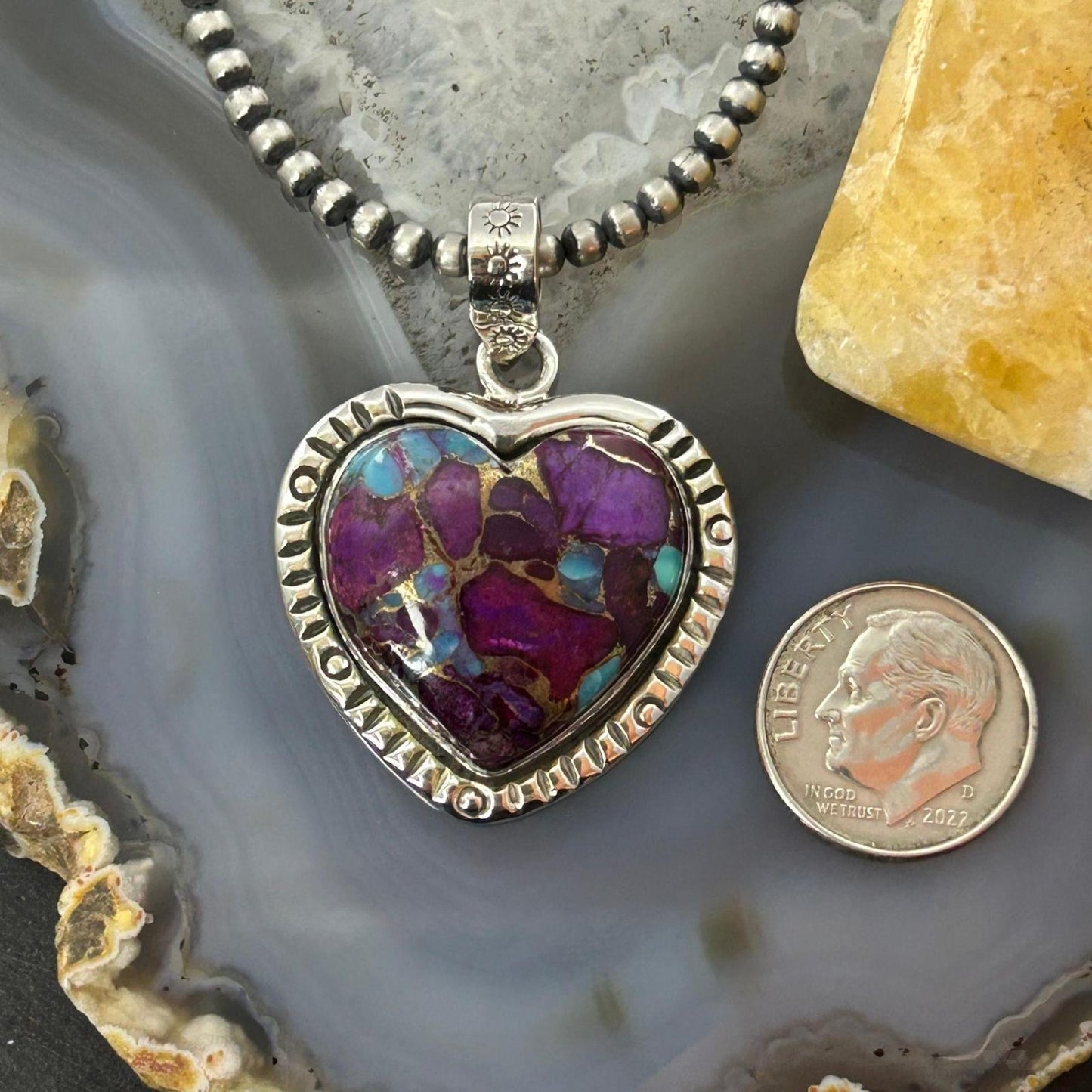 Sterling Silver Southwestern Style Purple Dahlia Heart Pendant For Women
