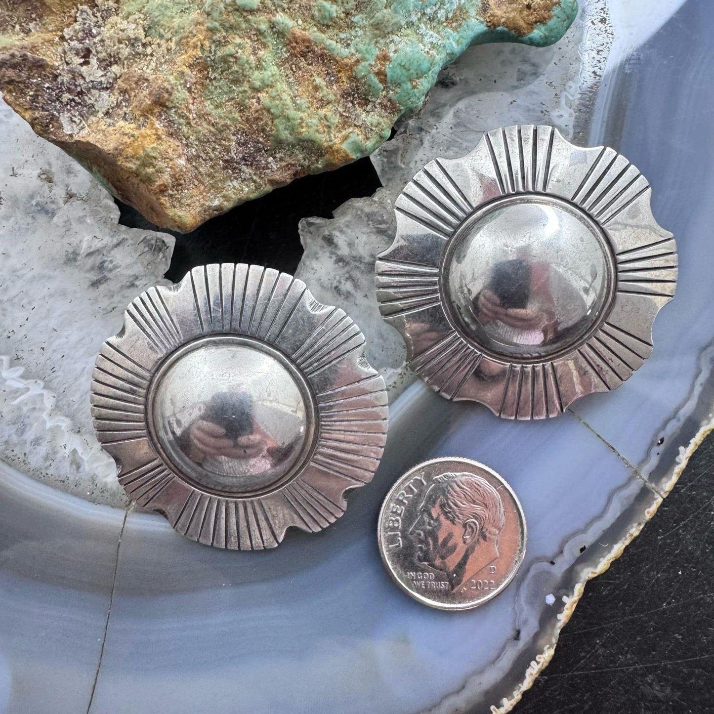 J. Ariso Vintage Native American Sterling Silver Sun with Rays Stud Earrings For Women