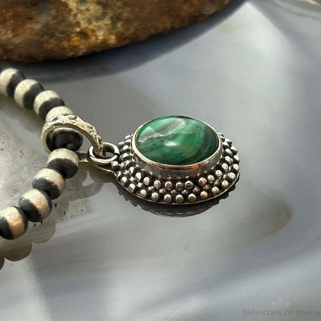 Sterling Silver Southwestern Style Oval Malachite Decorated Charm/Pendant For Women