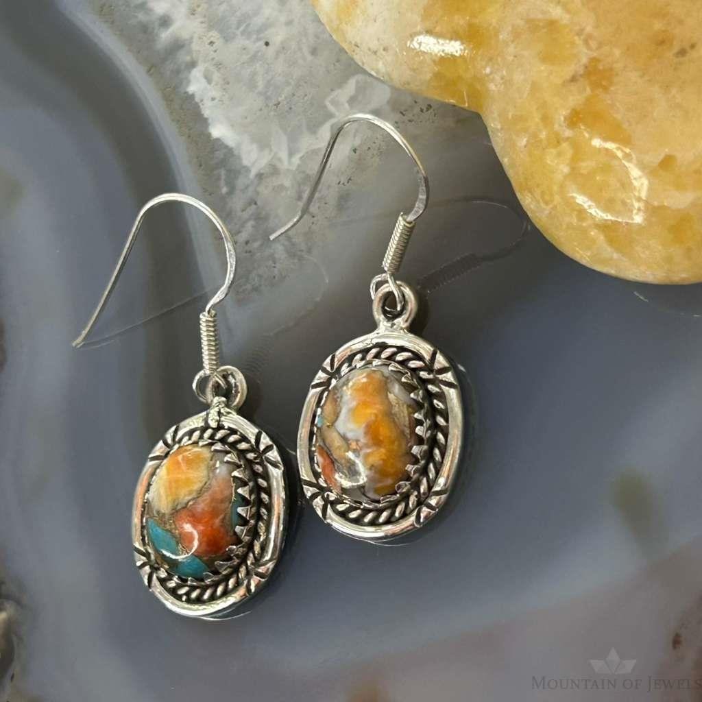 Sterling Silver Southwestern Style Spiny Oyster Turquoise Dangle Earrings For Women #2