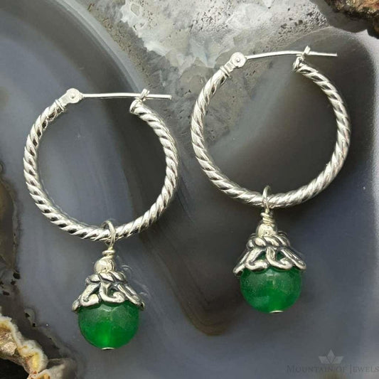 Carolyn Pollack Sterling Silver Twisted Hoop w/Green Jadeite Dangle Earrings For Women
