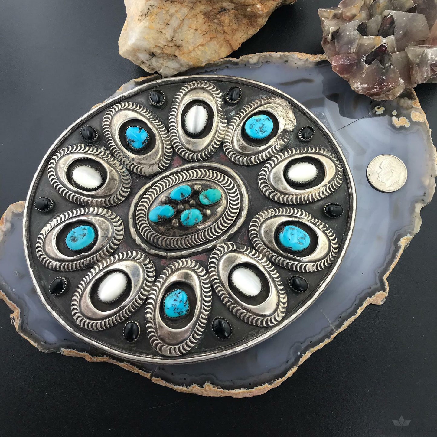 Heavy Silver Belt Buckle Turquoise Mother of Pearl and Onyx Oval Belt Buckle