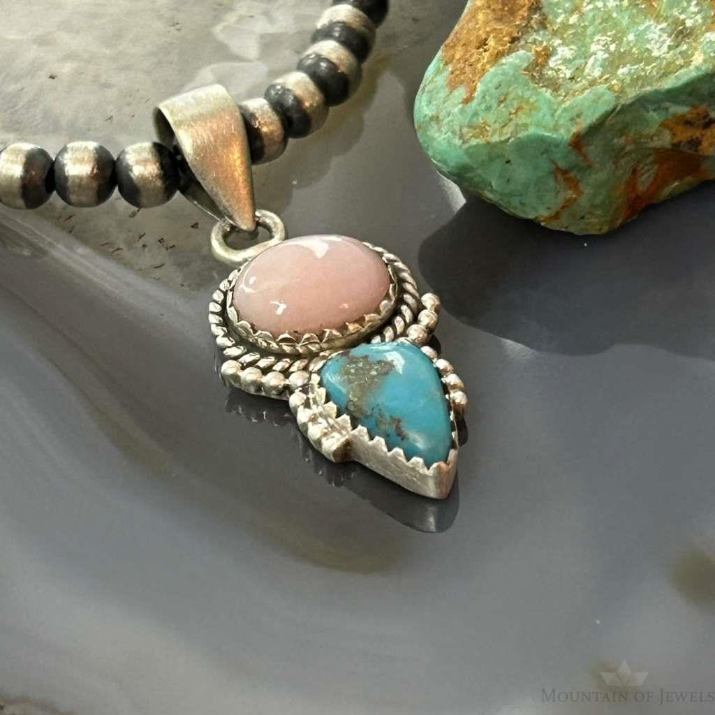 Sterling Silver Southwestern Style Pink Conch & Turquoise Pendant For Women