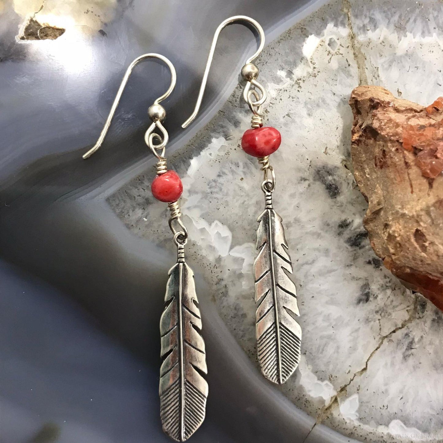 Carolyn Pollack Sterling Silver Coral Bead Feather Dangle Earrings For Women