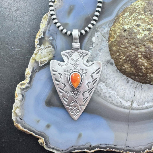 Native American Sterling Silver Stamped Arrowhead Spiny Oyster Unisex Pendant