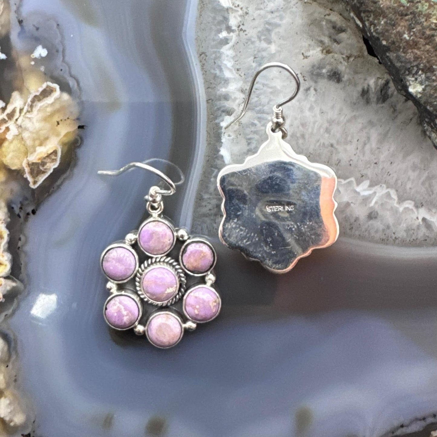 Native American Sterling Silver Phosphosiderite Cluster Dangle Earrings For Women