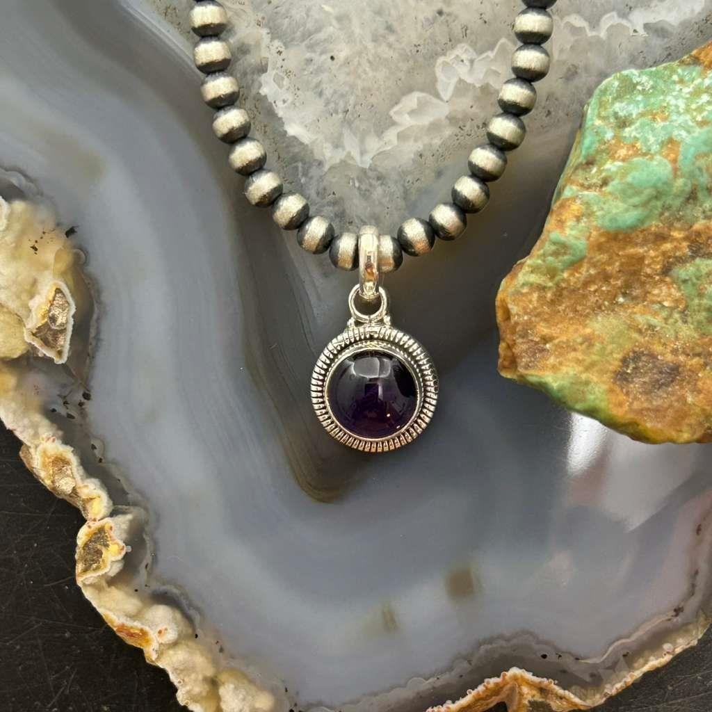 Sterling Silver Southwestern Style Round Amethyst Decorated Charm/Pendant For Women