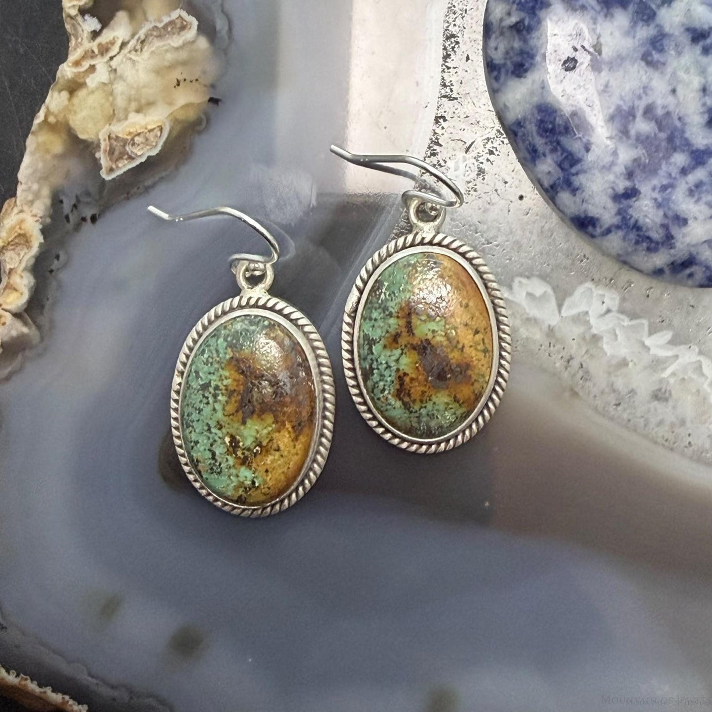 Sterling Silver Southwestern Style Oval Royston Turquoise Dangle Earrings For Women