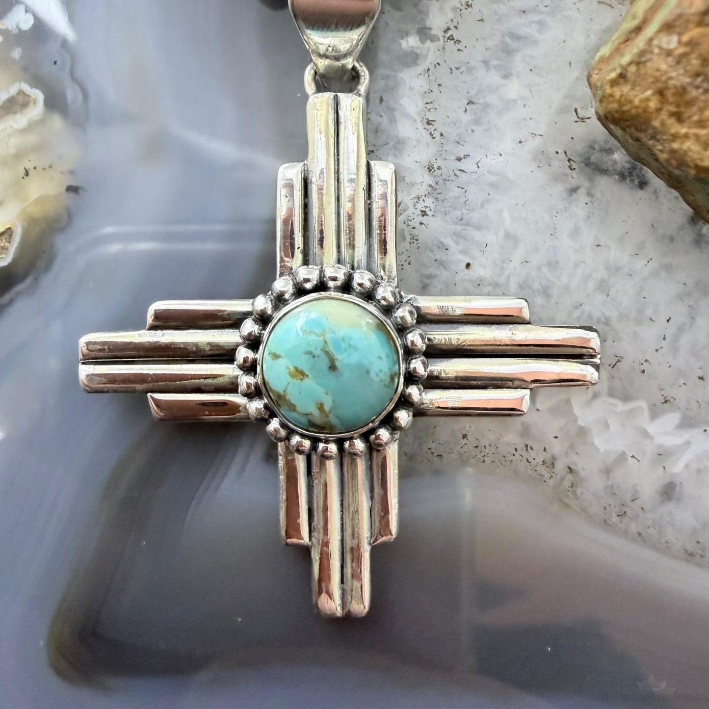 Sterling Silver Southwestern Style Rounded Turquoise Unisex Zia Pendant