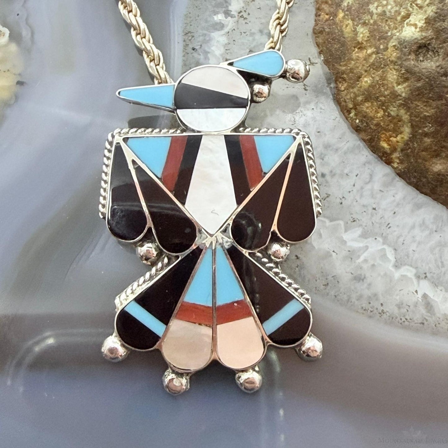 Signed Native American Sterling Silver Multi-Stone Inlay Thunderbird Unisex Pendant/Brooch