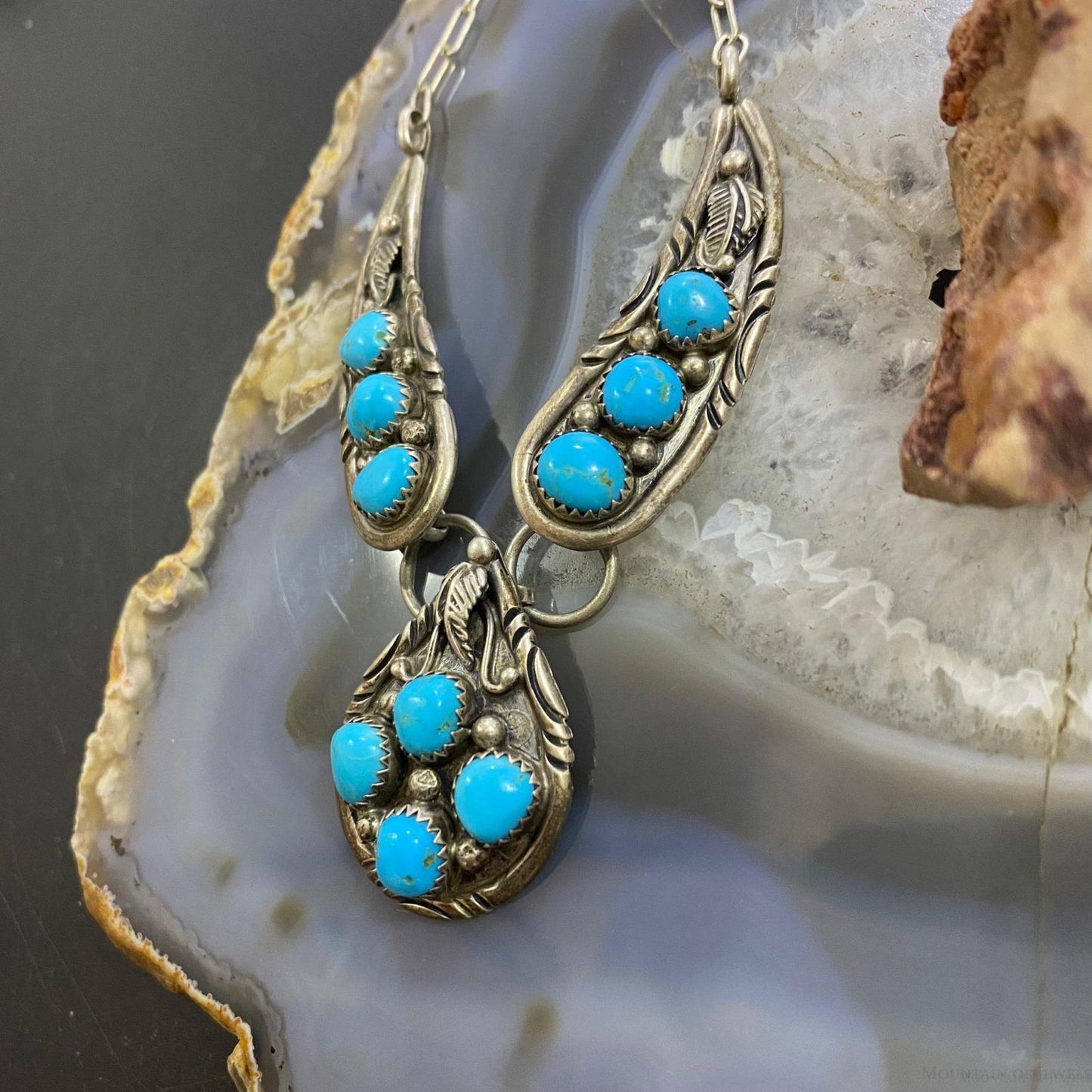 Vintage Native American Sterling Sleeping Beauty Turquoise Cluster 16" Necklace