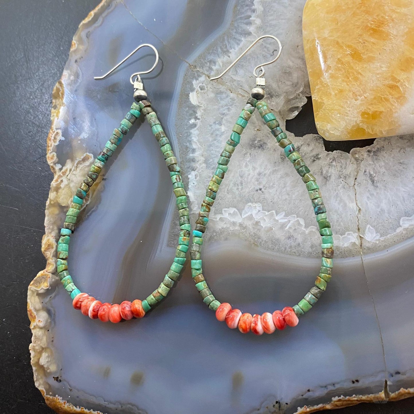 Sterling Silver Turquoise Beads 3 mm & Spiny Oyster Hoop Earrings For Women