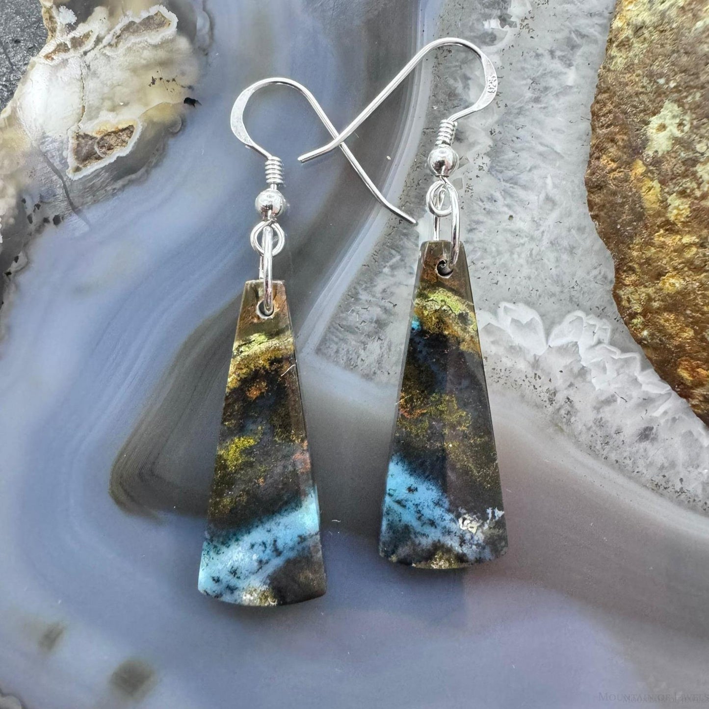 Sterling Silver Elongated Triangle Chrysocolla Slab Dangle Earrings For Women #225