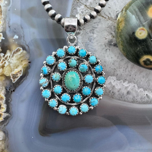 Sterling Silver Southwestern Style Rounded Turquoise Round Cluster Pendant For Women