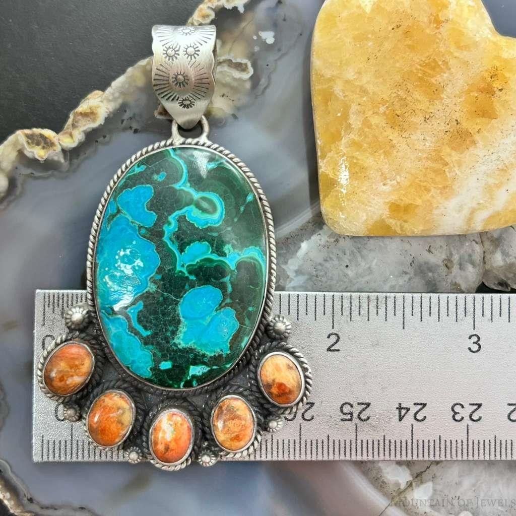 Sterling Silver Southwestern Style Malachite-Azurite & Spiny Pendant For Women