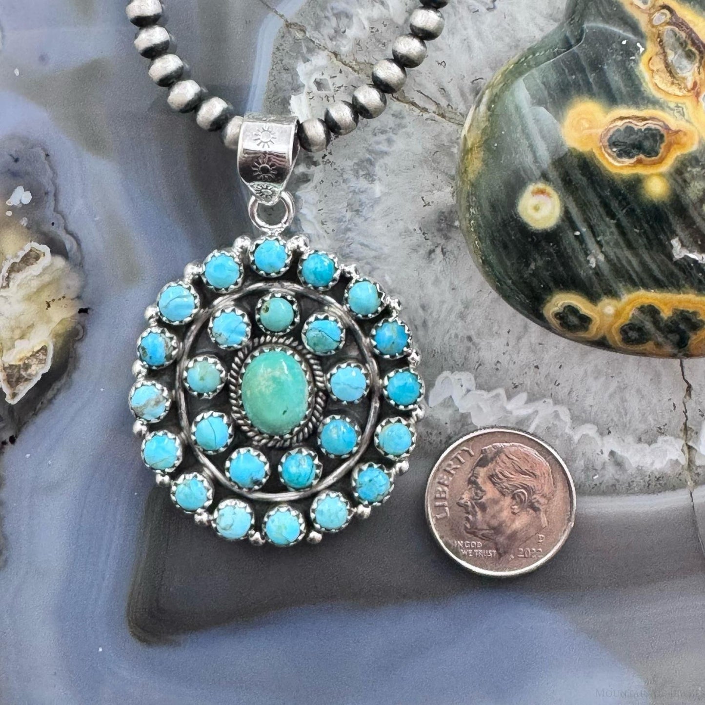 Sterling Silver Southwestern Style Rounded Turquoise Round Cluster Pendant For Women