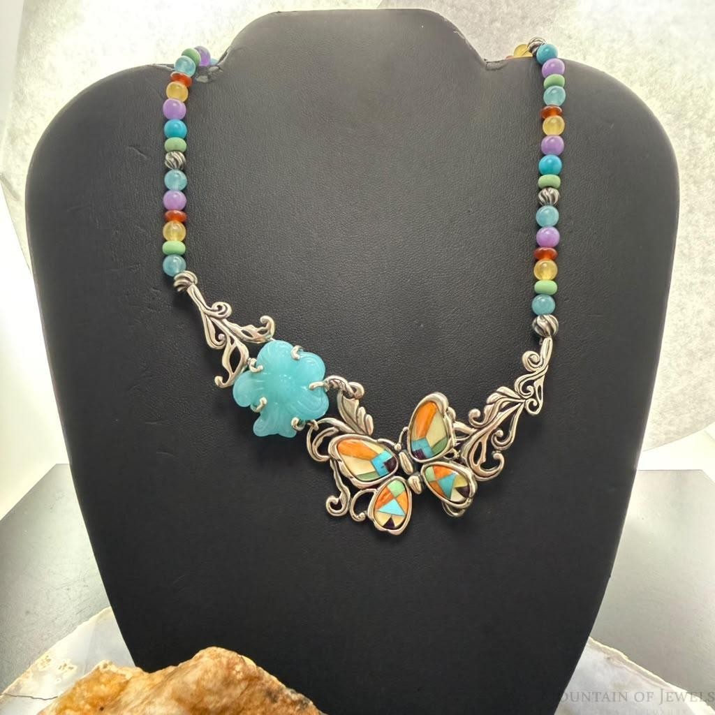 Carolyn Pollack Sterling Inlay Butterfly & Multistone Beads 15"-20" Necklace For Women