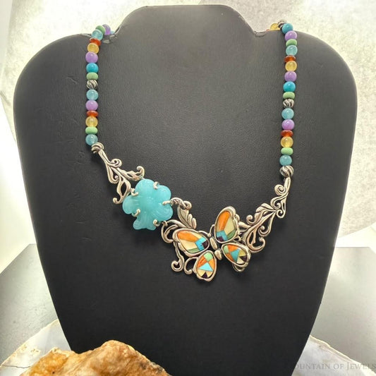 Carolyn Pollack Sterling Inlay Butterfly & Multistone Beads 15"-20" Necklace For Women