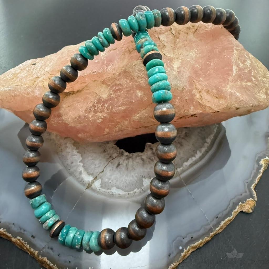 Southwestern Style 8mm Copper Navajo Pearl Saucer, Round & Turquoise Necklace For Women