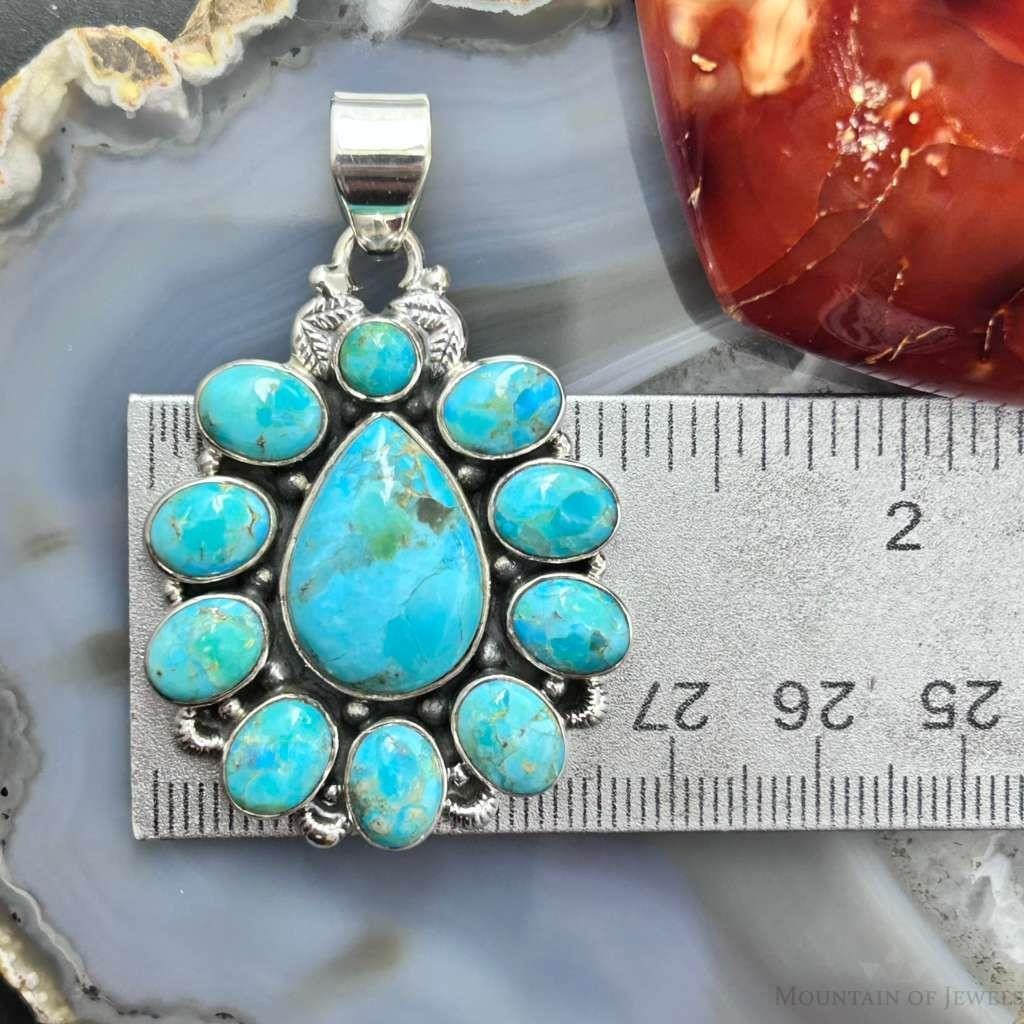 Sterling Silver Southwestern Style Mohave Turquoise Cluster Pendant For Women #1