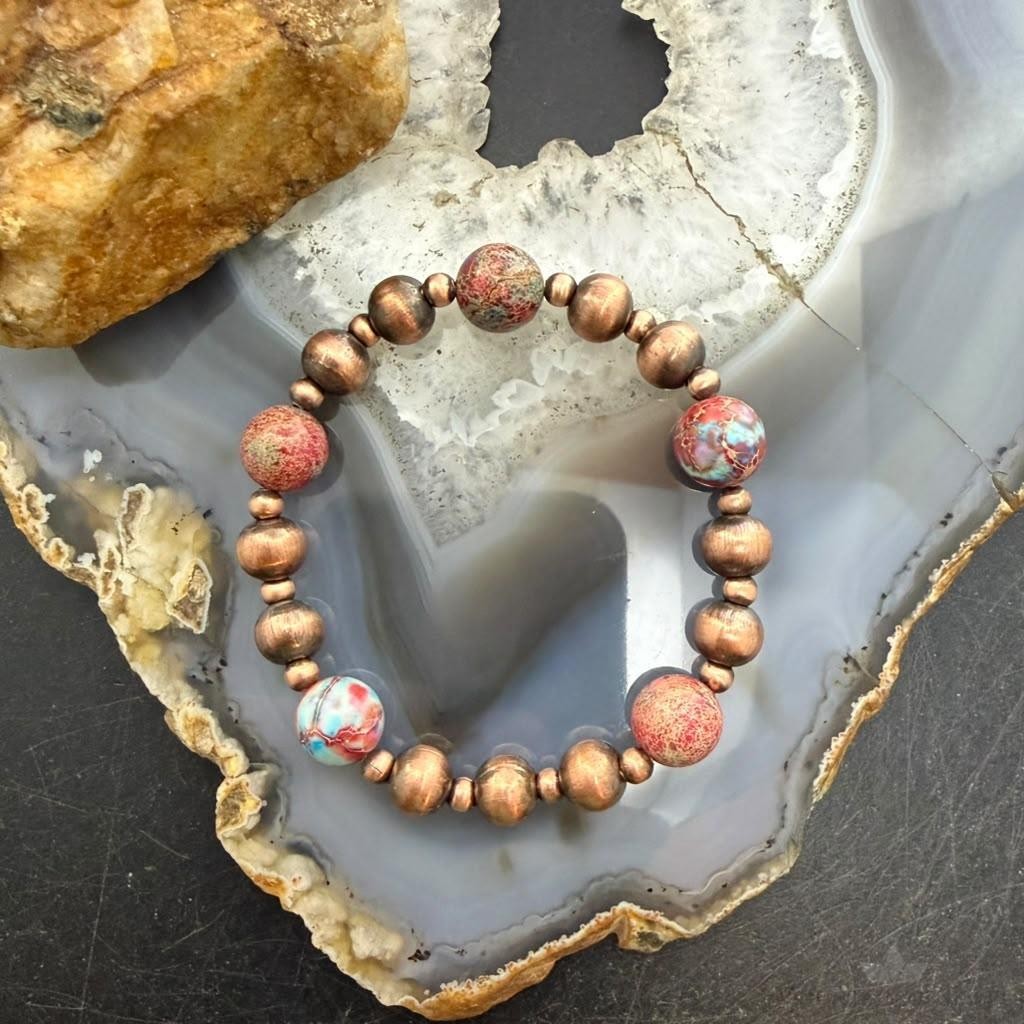 Southwestern Style 4-8mm Copper Navajo Pearl & 10mm Sediment Jasper Stretch Bracelet For Women