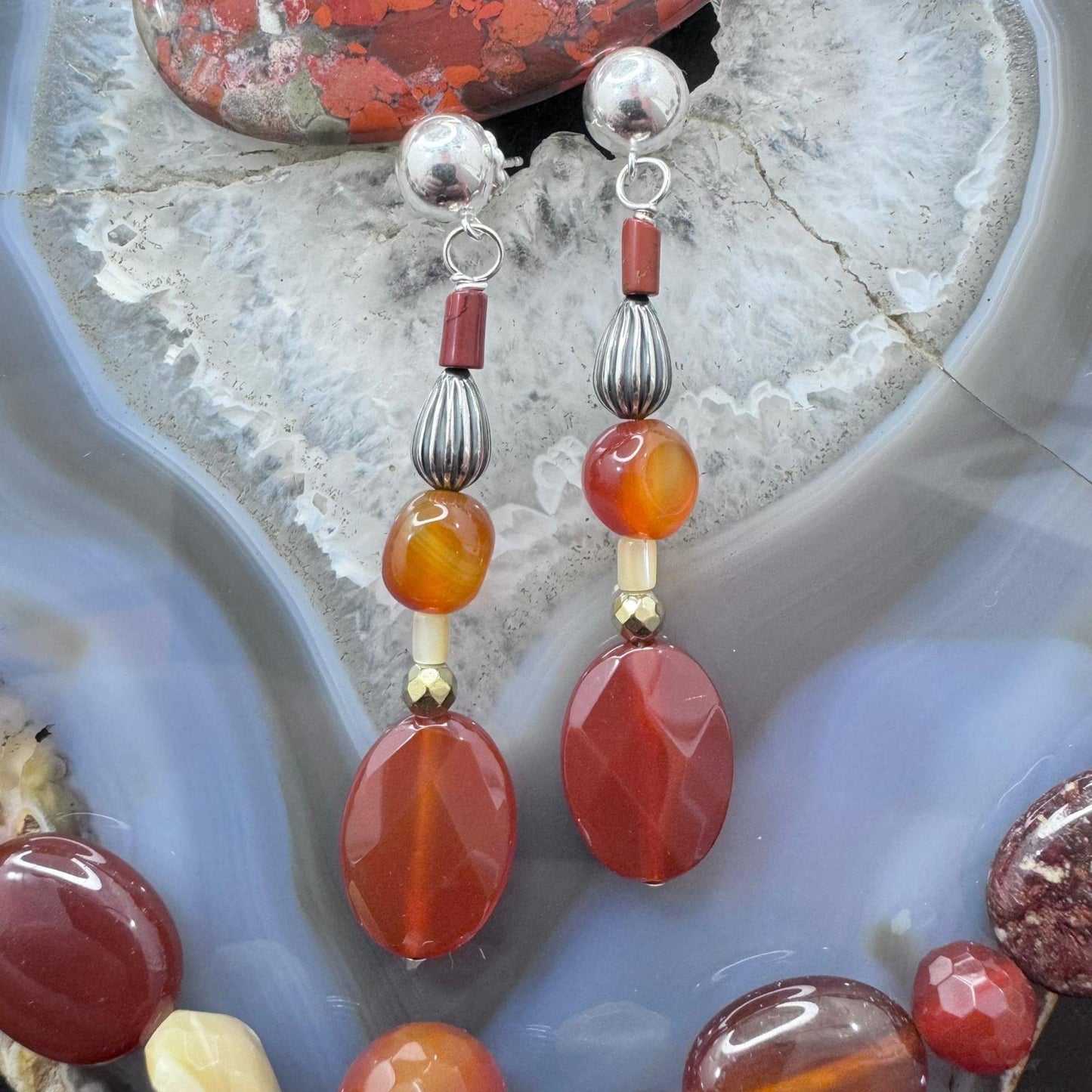 Carolyn Pollack Sterling Silver Carnelian & Jasper Beads Necklace & Dangle Earrings Set