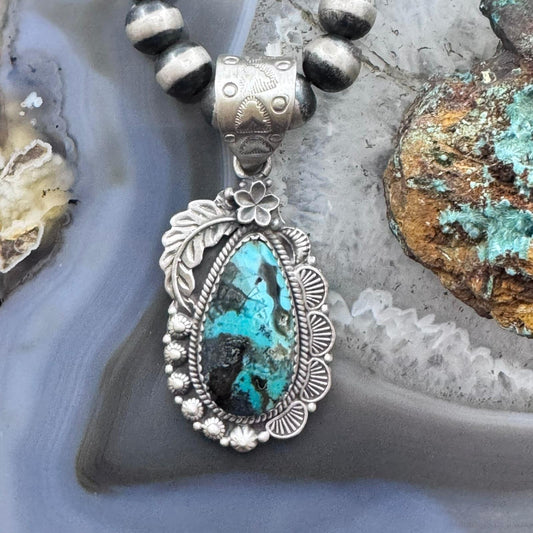 Sterling Silver Southwestern Style Teardrop Turquoise Decorated Pendant For Women