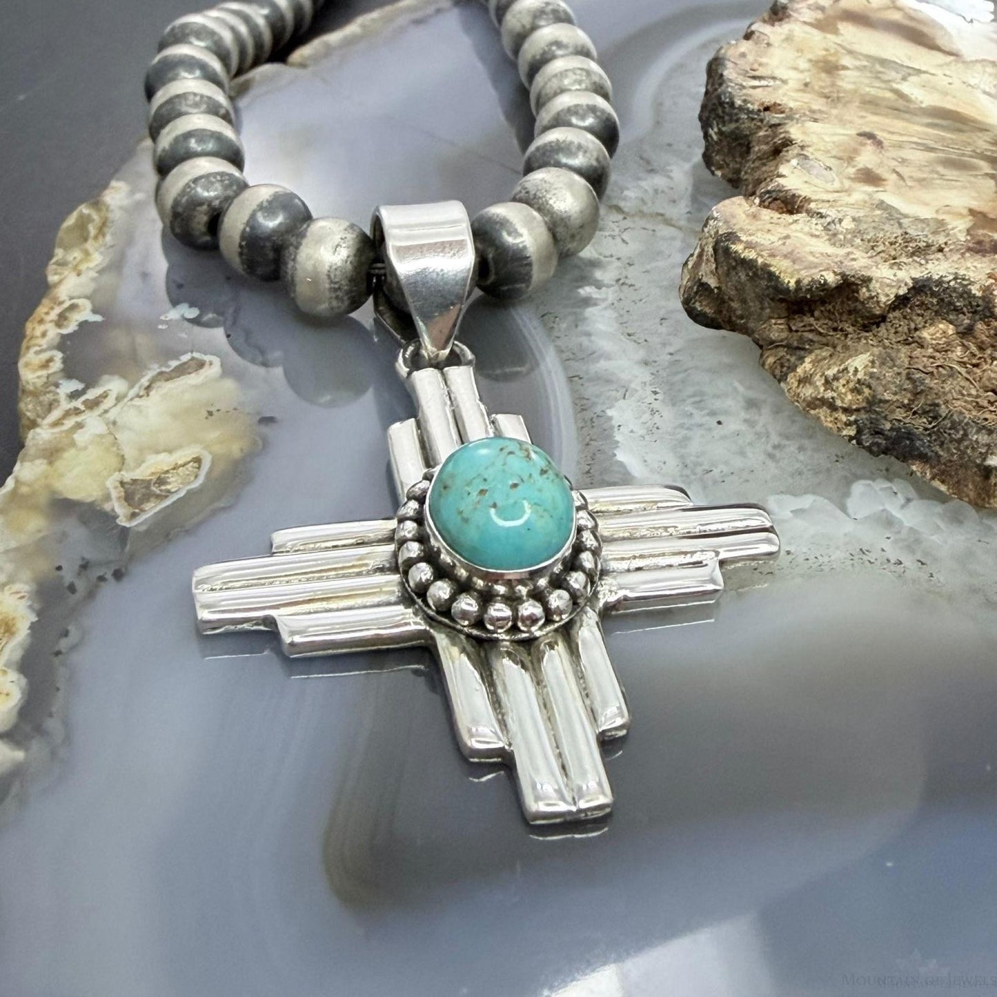 Sterling Silver Southwestern Style Oval Mohave Turquoise Unisex Zia Pendant #3
