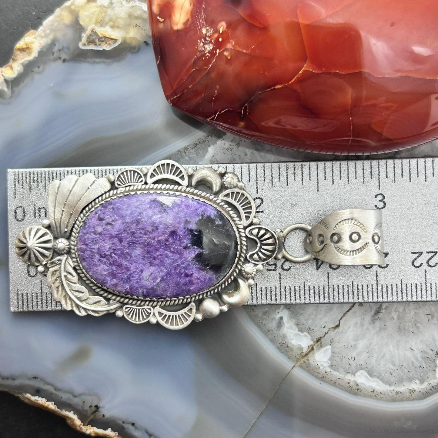 Sterling Silver Southwestern Style Oval Charoite Decorated Pendant For Women
