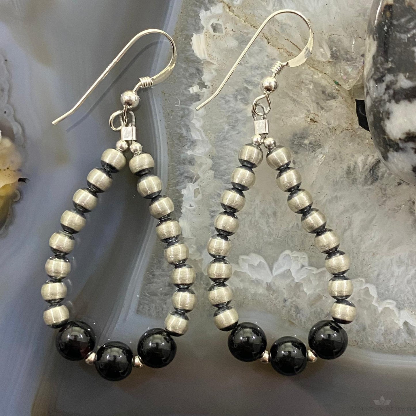 Navajo Pearl Beads 4mm & Onyx Beads 6mm Sterling Silver Hoop Dangle Earrings